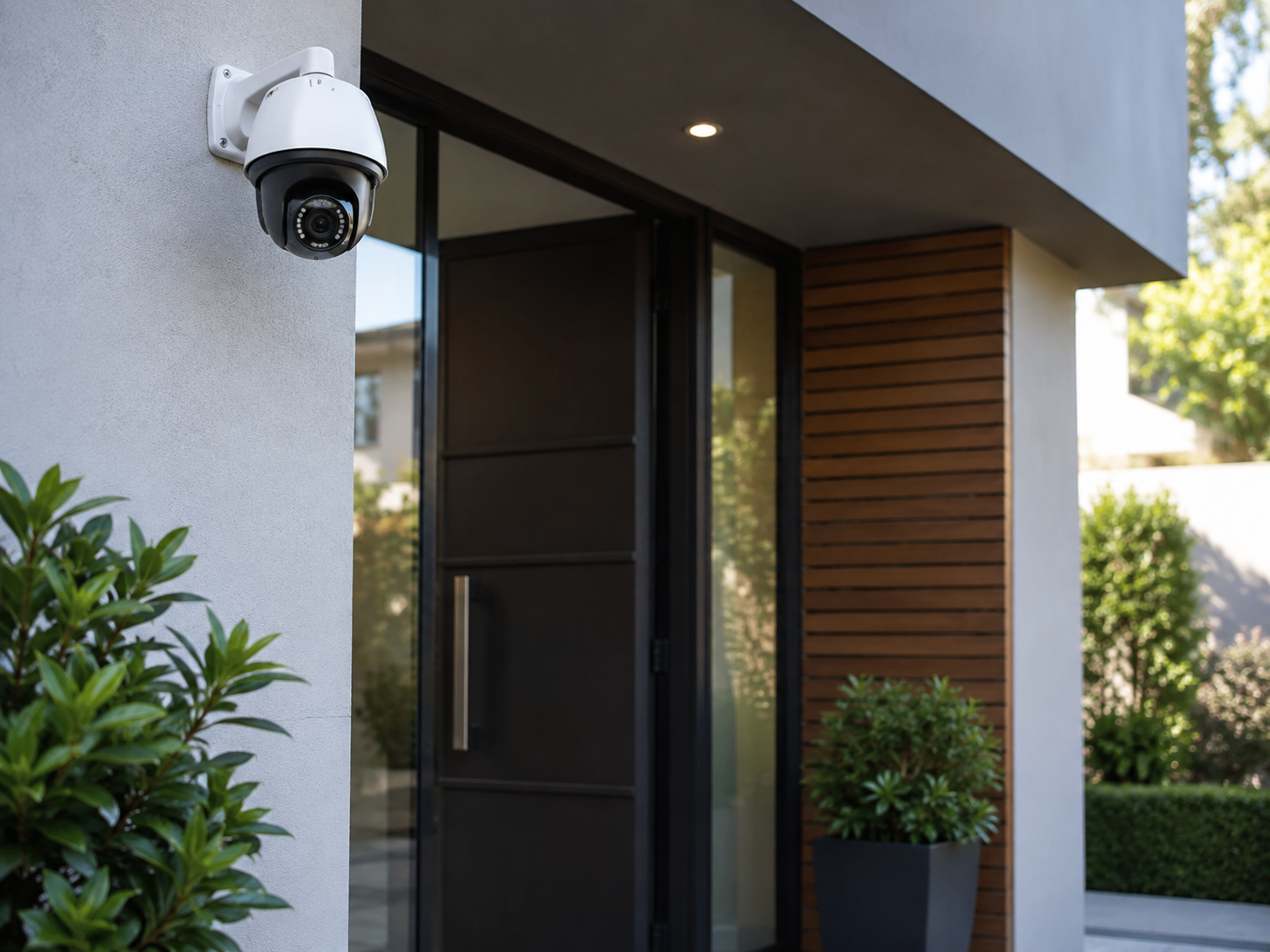 Cámara de seguridad instalada en acceso moderno